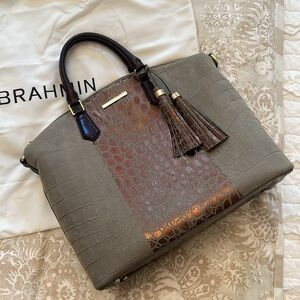 LIKE NEW Brahmin Gray Suede & Bronze Metallic Croc-Embossed Satchel Bag 🤎